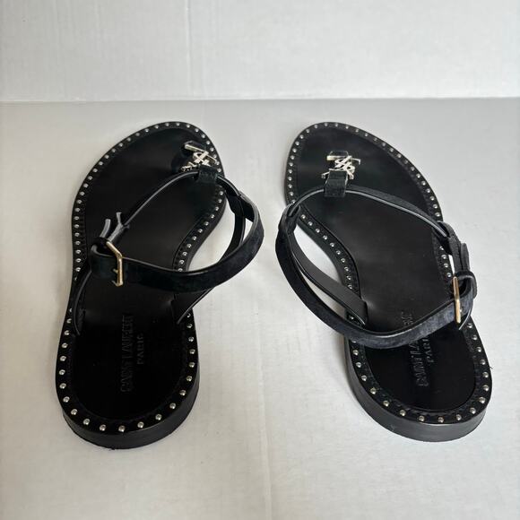 Saint Laurent Cassandra YSL Studded T-Strap Leather Flat Sandals Black Size 42 - Picture 7 of 14